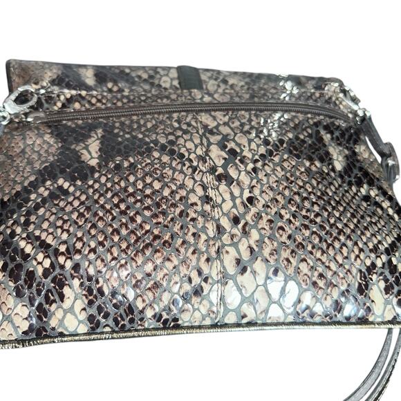 Brighton Brown Black Tan Python Embossed Leather Crossbody Purse Clutch - Picture 8 of 11